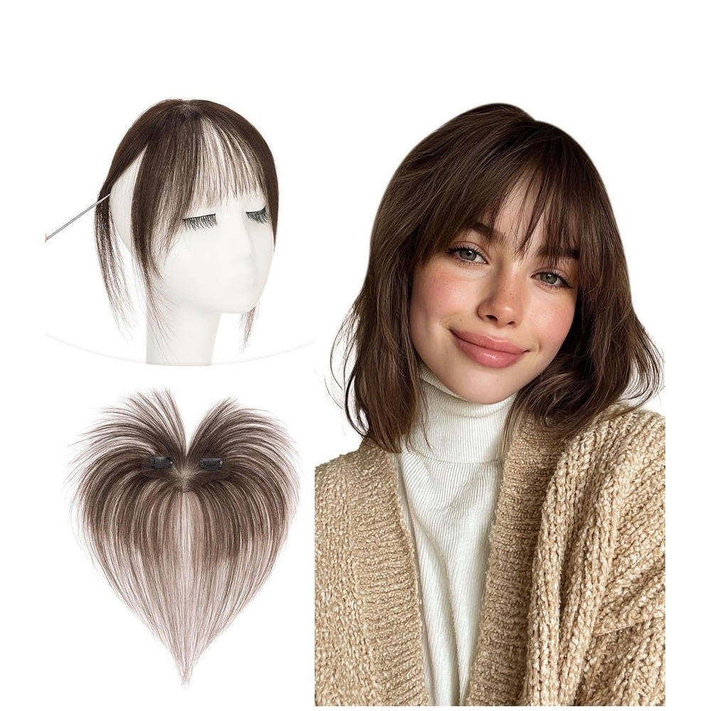 Clip in Bangs Real Human Hair Dark Brown Wispy Fringe 360 Hand-Tied Lace Base